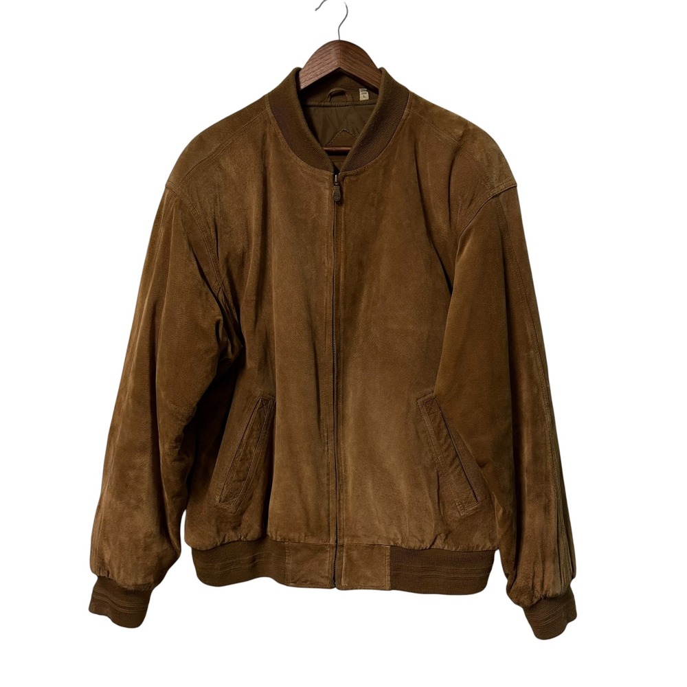 Vintage Bomber Jacket Mens Large Brown Suede Leather Vintage Quilted Lined Zip